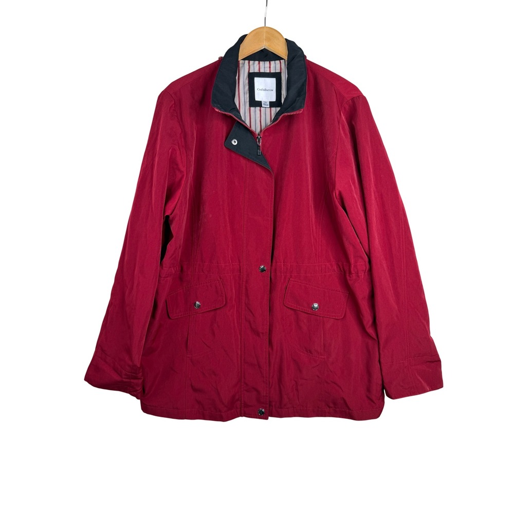Croft & Barrow Womens XL Red Barn Jacket Zip Front Utility Coat Striped Lining
